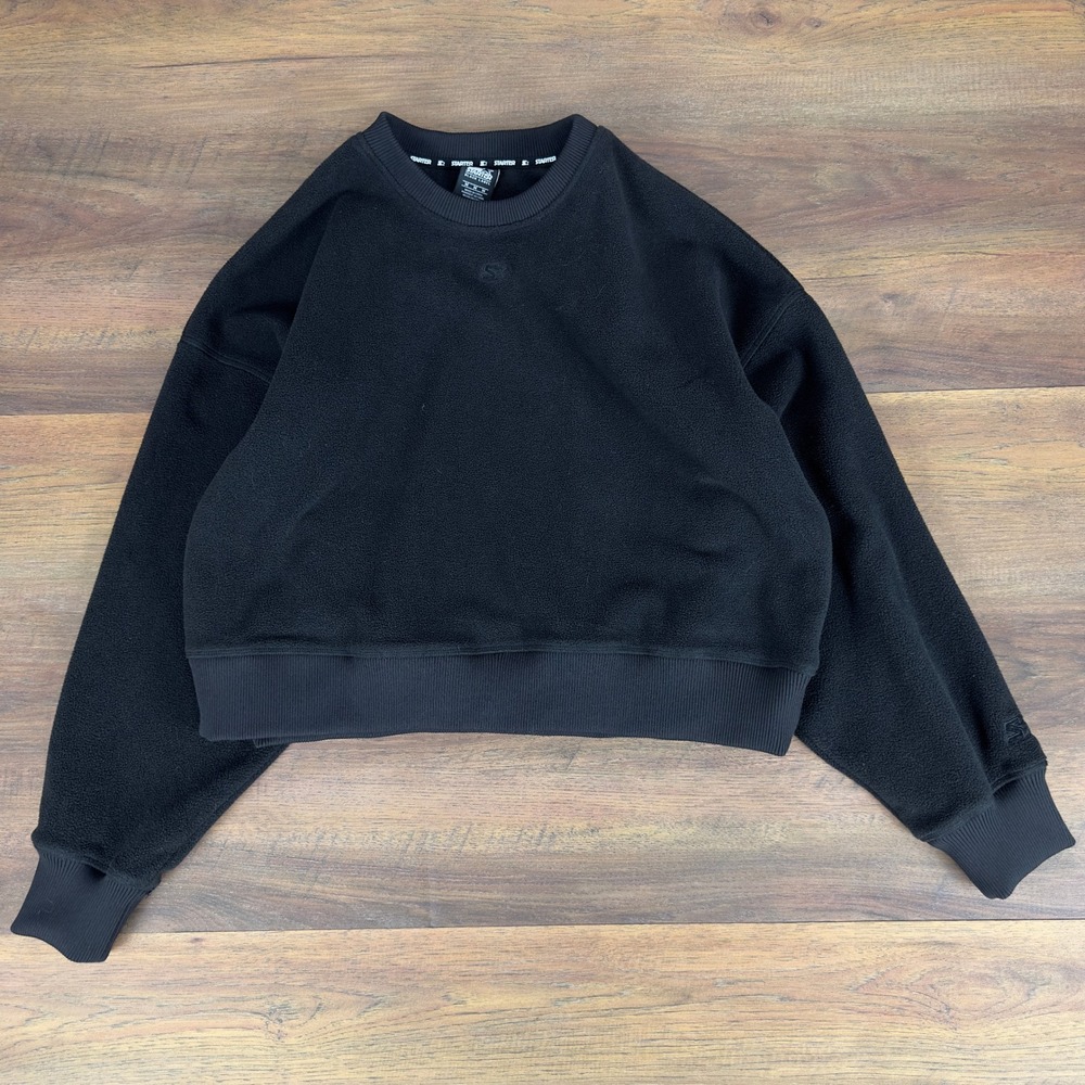 Starter Black Label Womens Cropped Fleece Sweatshirt Black Crew Neck Medium